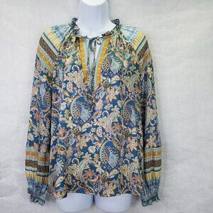 Current Air Blouse Women XS Long Sleeve Boho Paisley Satin Colorful Anthropologi